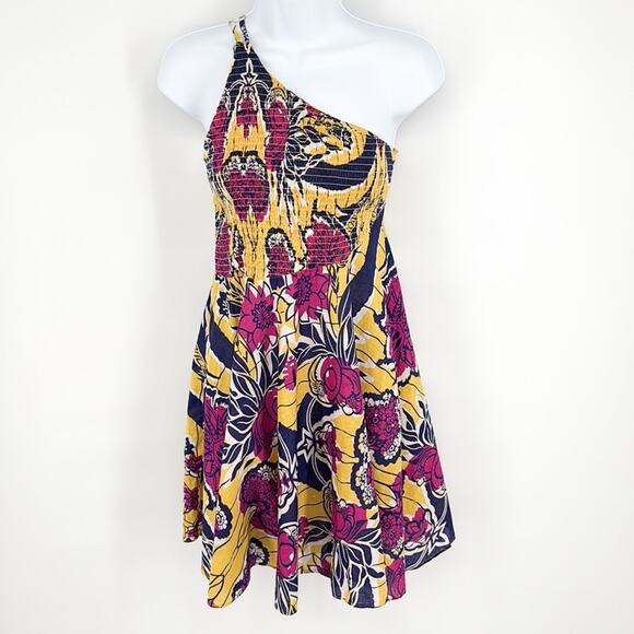 Urban Outfitters Yellow Blue Magenta Floral Halter One Shoulder Cotton Dress M - Picture 2 of 15